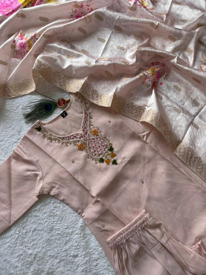 Beige Color Roman Silk With Hand Work Top Pent