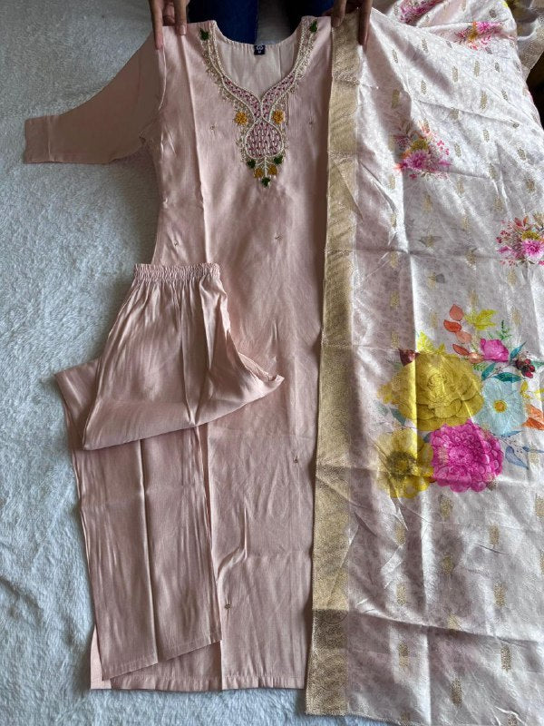 Beige Color Roman Silk With Hand Work Top Pent
