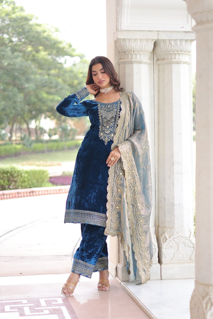 Beautifull Velvet With Rich Sequience Work Top Pent