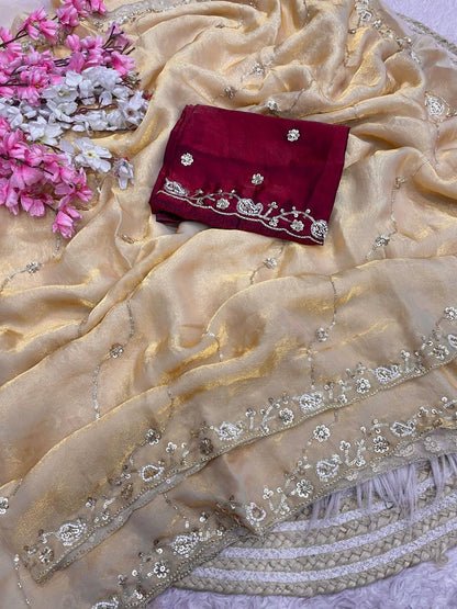 Beautifull Khatli Brits Work With Fendy Satin Silk Saree