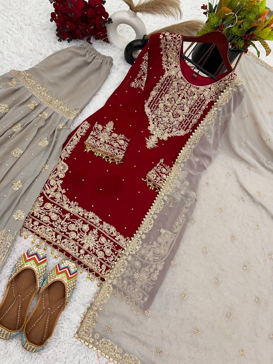 Heavy Faux Goergette Heavy Embroidery Work With Dori Sequence Work Top Plazzo