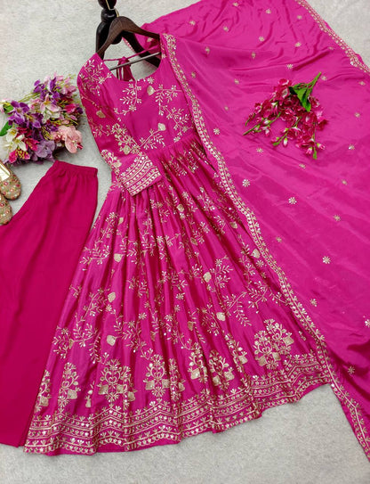 Pink Color Chinon Silk With Embroidery Work Beautifull Gown