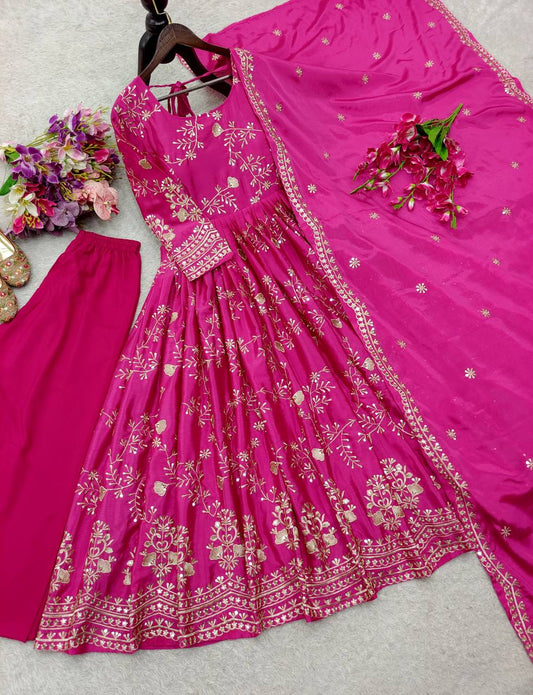 Pink Color Chinon Silk With Embroidery Work Beautifull Gown