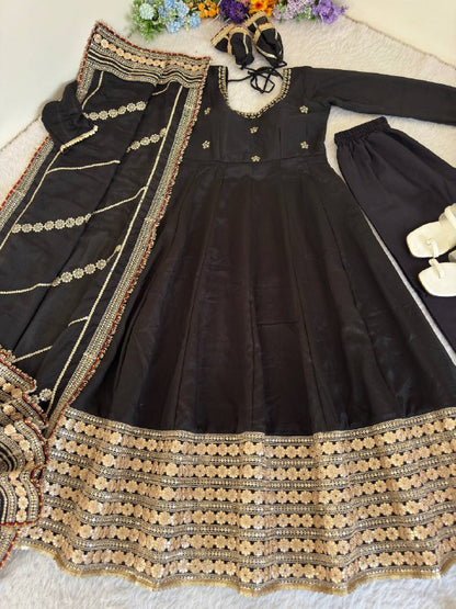 Designer Chinon Silk Heavy Sequence Work Anarkali Set With Dupatta