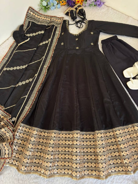 Designer Chinon Silk Heavy Sequence Work Anarkali Set With Dupatta