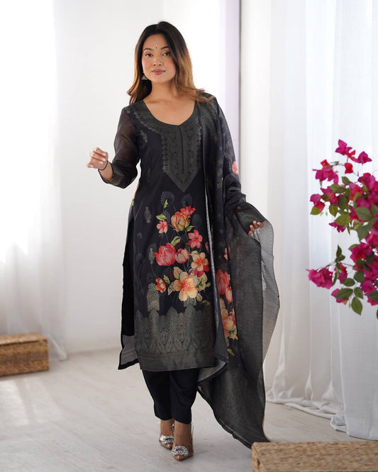 TRENDING CHANDERI SILK JACQARD WORK KURTI, BOTTOM WITH DUPATTA SET