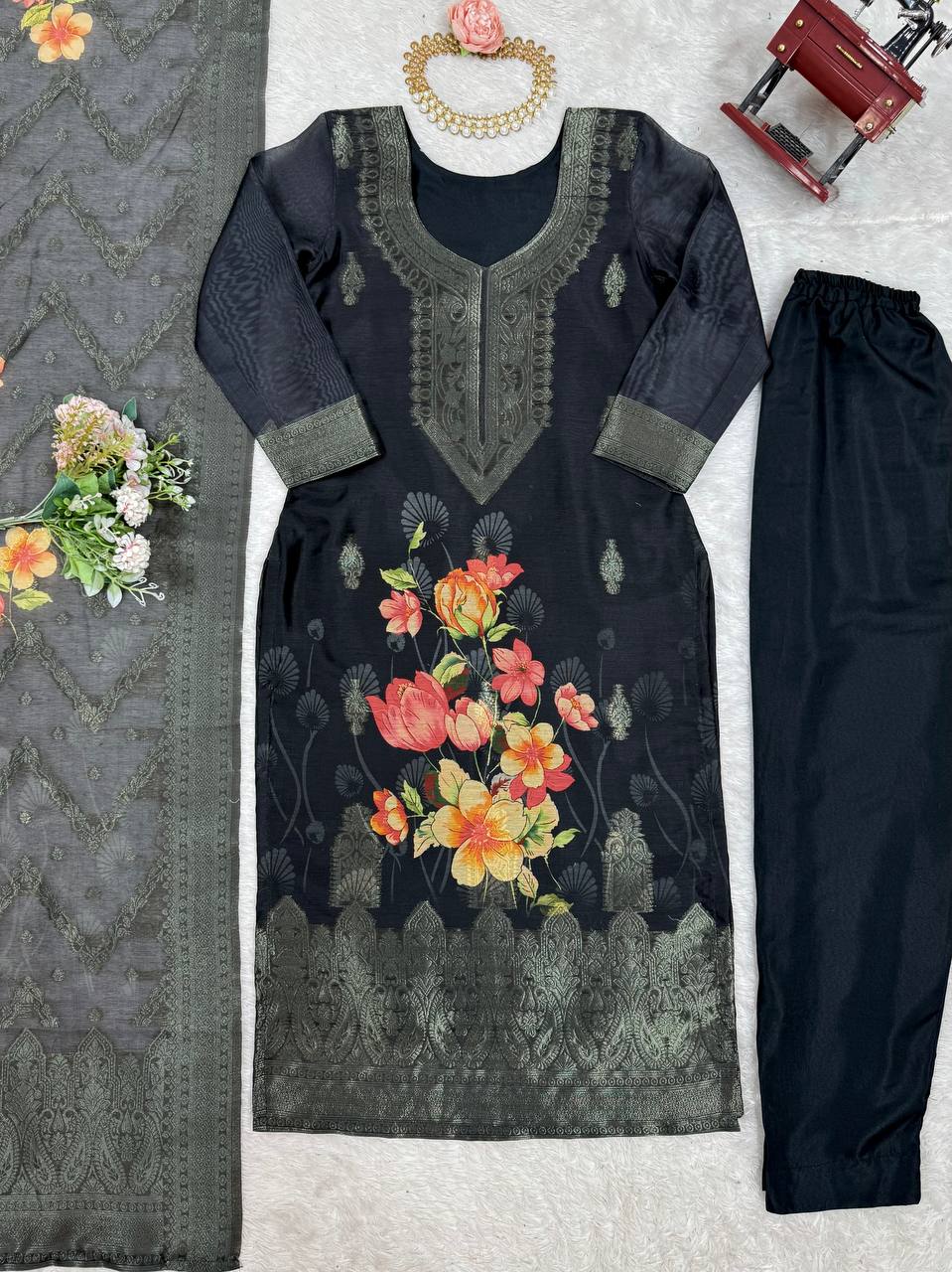 TRENDING CHANDERI SILK JACQARD WORK KURTI, BOTTOM WITH DUPATTA SET