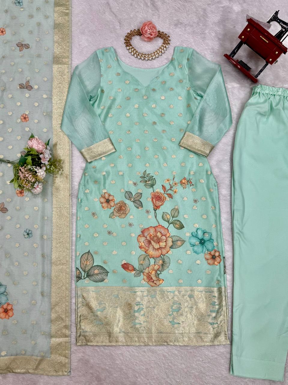 TRENDING CHANDERI SILK JACQARD WORK KURTI, BOTTOM WITH DUPATTA SET