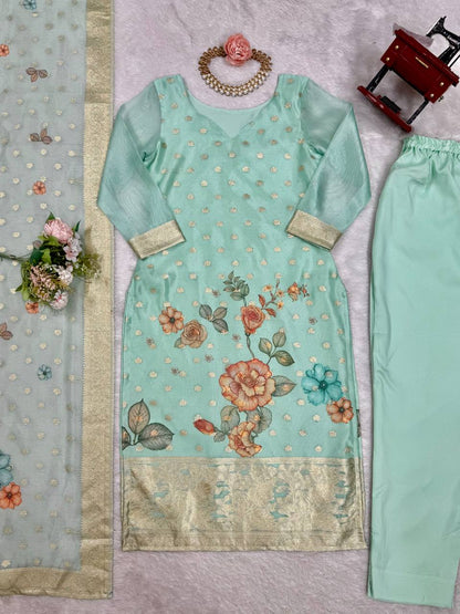 TRENDING CHANDERI SILK JACQARD WORK KURTI, BOTTOM WITH DUPATTA SET
