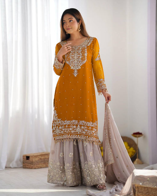 Heavy Faux Goergette Heavy Embroidery Work With Dori Sequence Work Top Plazzo