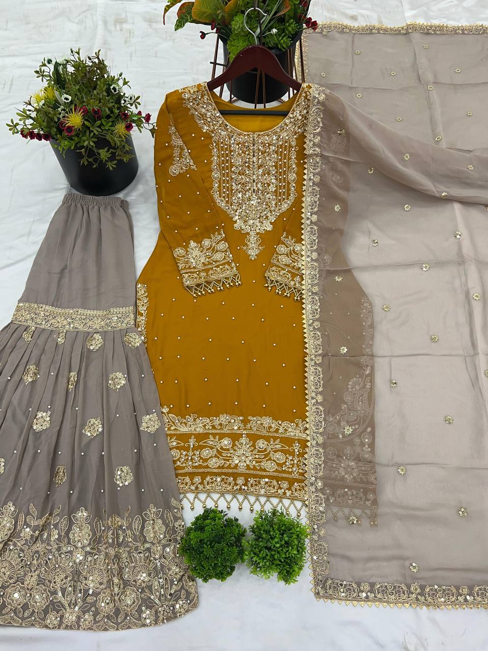 Heavy Faux Goergette Heavy Embroidery Work With Dori Sequence Work Top Plazzo