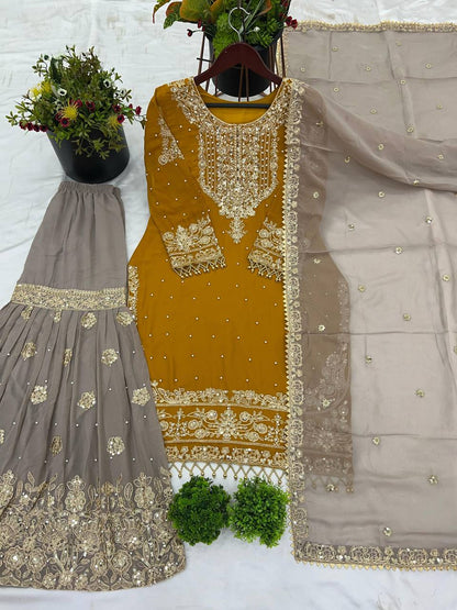 Heavy Faux Goergette Heavy Embroidery Work With Dori Sequence Work Top Plazzo
