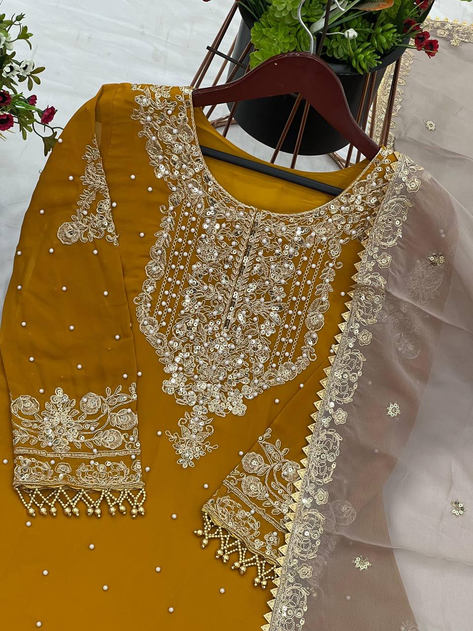 Heavy Faux Goergette Heavy Embroidery Work With Dori Sequence Work Top Plazzo