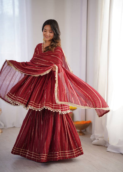 White Color Mal Chanderi Fabric With Mirror Work Top Sharara