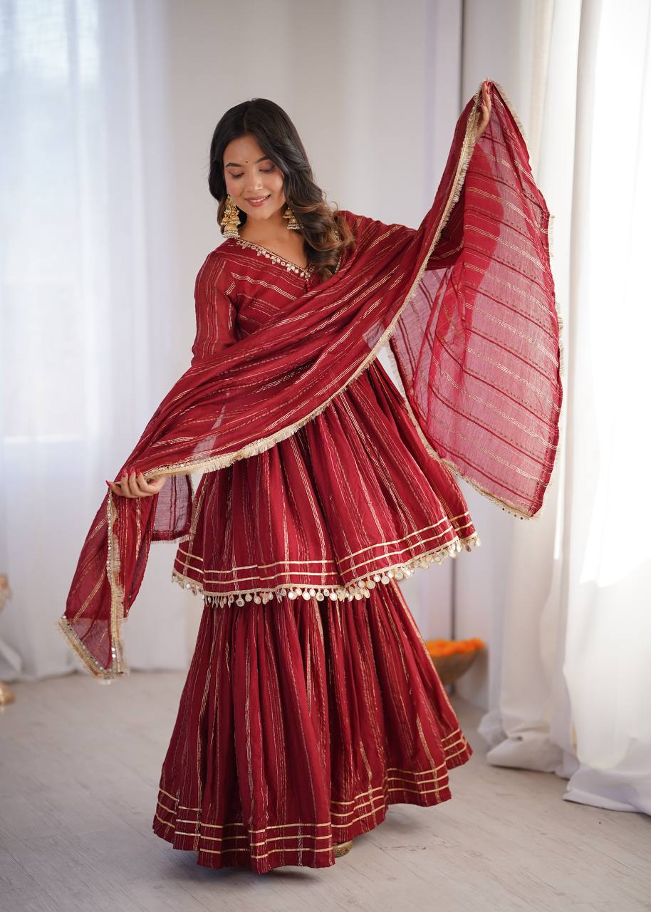 White Color Mal Chanderi Fabric With Mirror Work Top Sharara