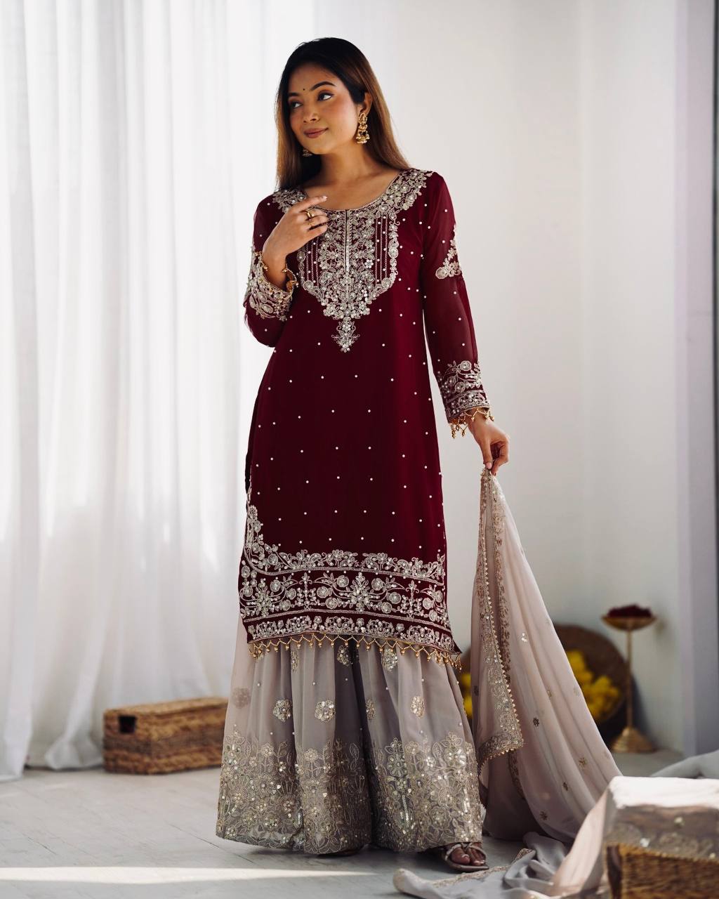 Heavy Faux Goergette Heavy Embroidery Work With Dori Sequence Work Top Plazzo