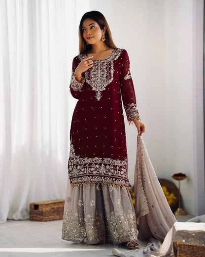 Heavy Faux Goergette Heavy Embroidery Work With Dori Sequence Work Top Plazzo