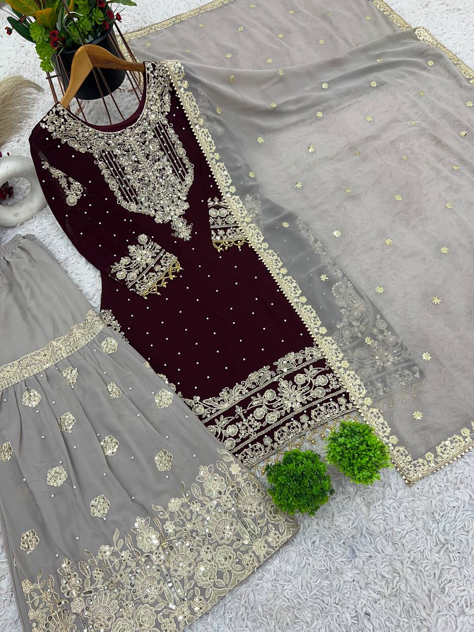 Heavy Faux Goergette Heavy Embroidery Work With Dori Sequence Work Top Plazzo