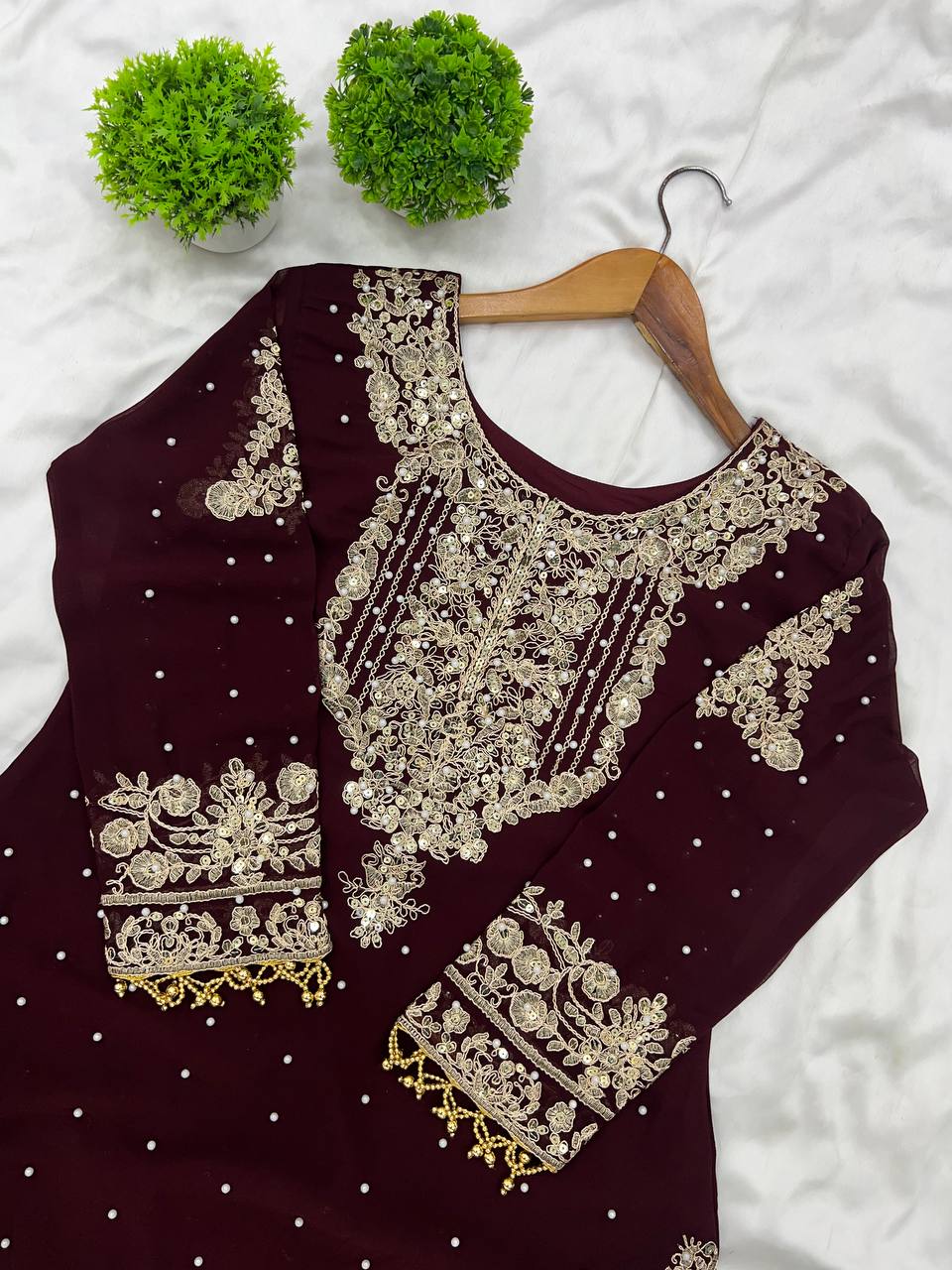 Heavy Faux Goergette Heavy Embroidery Work With Dori Sequence Work Top Plazzo