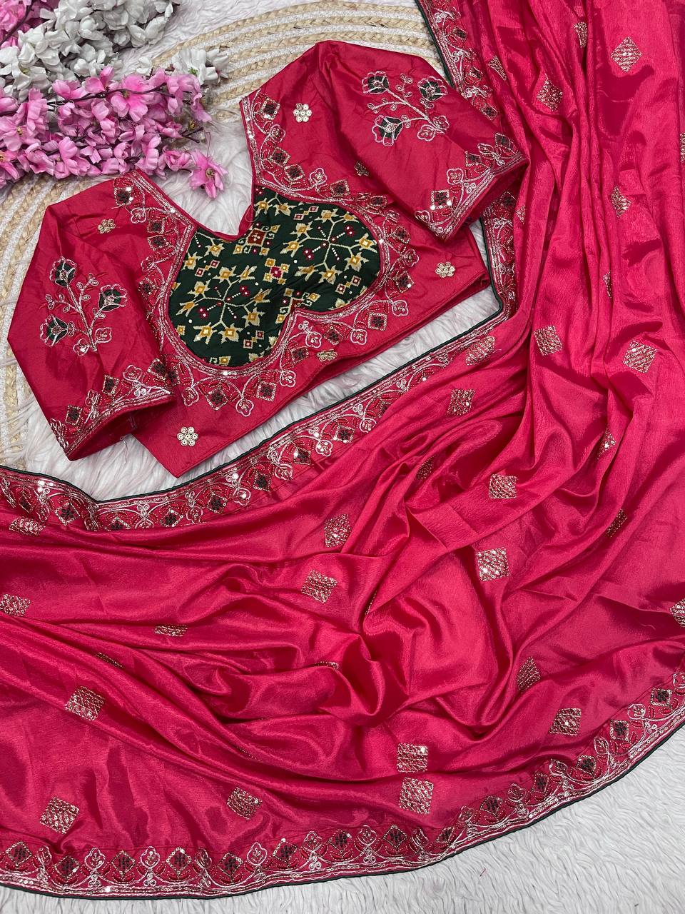 Natural Chinnon Silk With Sequience Work Saree
