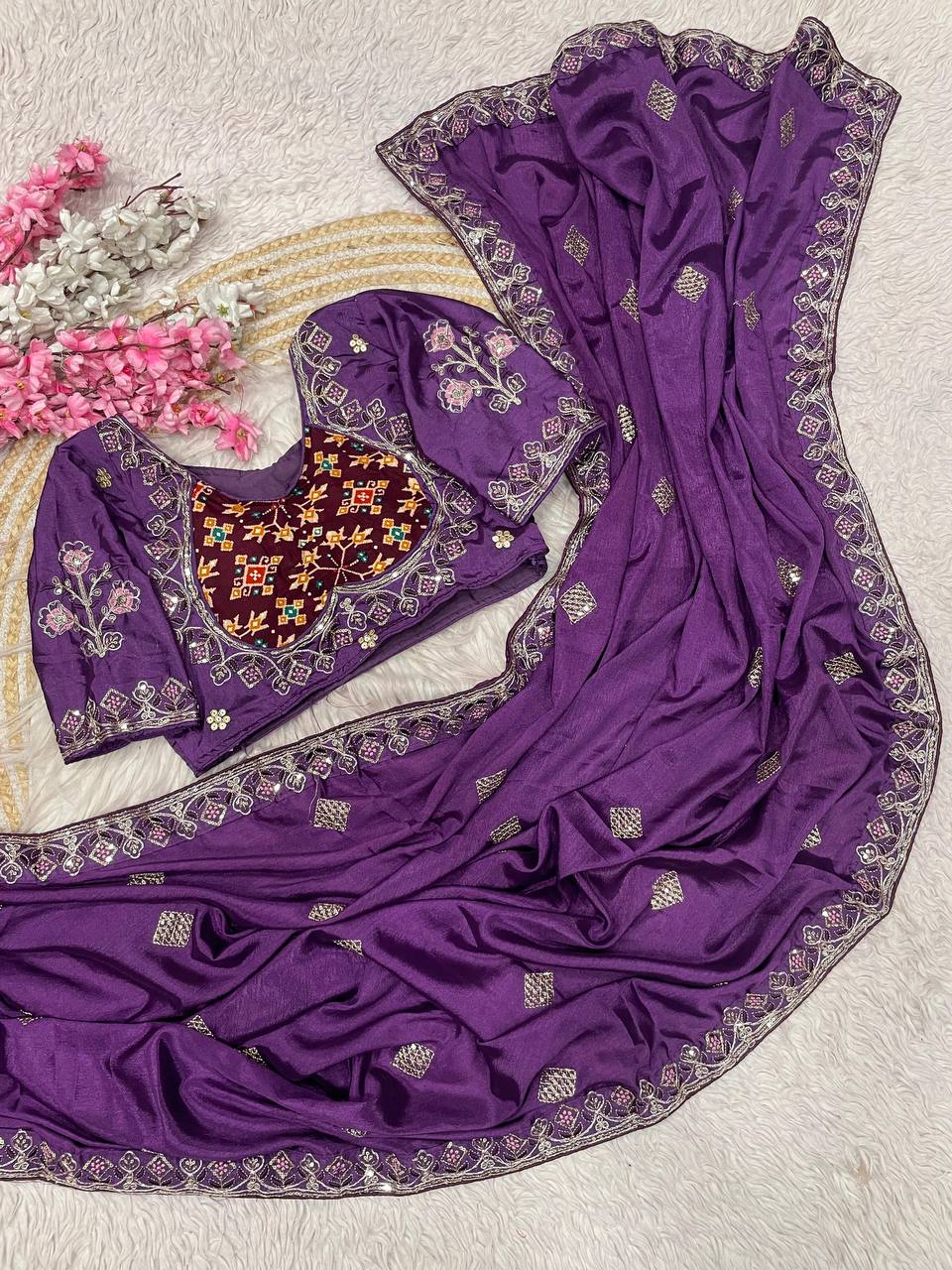 Natural Chinnon Silk With Sequience Work Saree