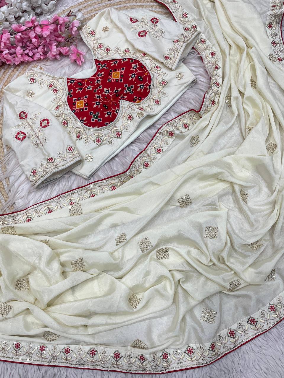 Natural Chinnon Silk With Sequience Work Saree