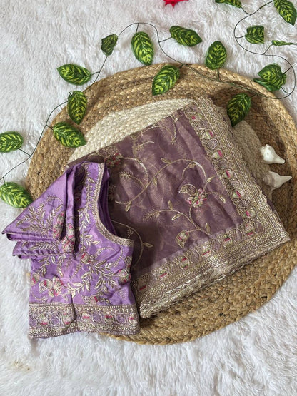 Beautifull Soft Satin Fabric With Rich Elegent Embroidery Work Saree