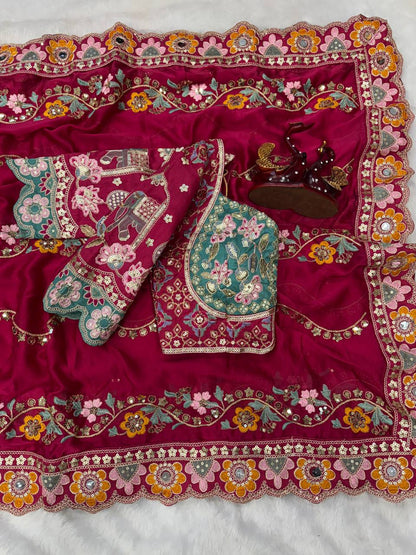 Beautiful Rangoli Silk Saree With Dori Embroidery & Mirror Touch Work
