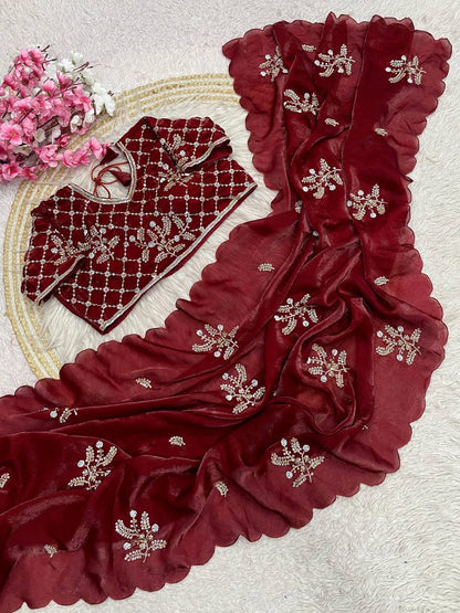 Beautifull Crunchy Peding Sequience Work Saree