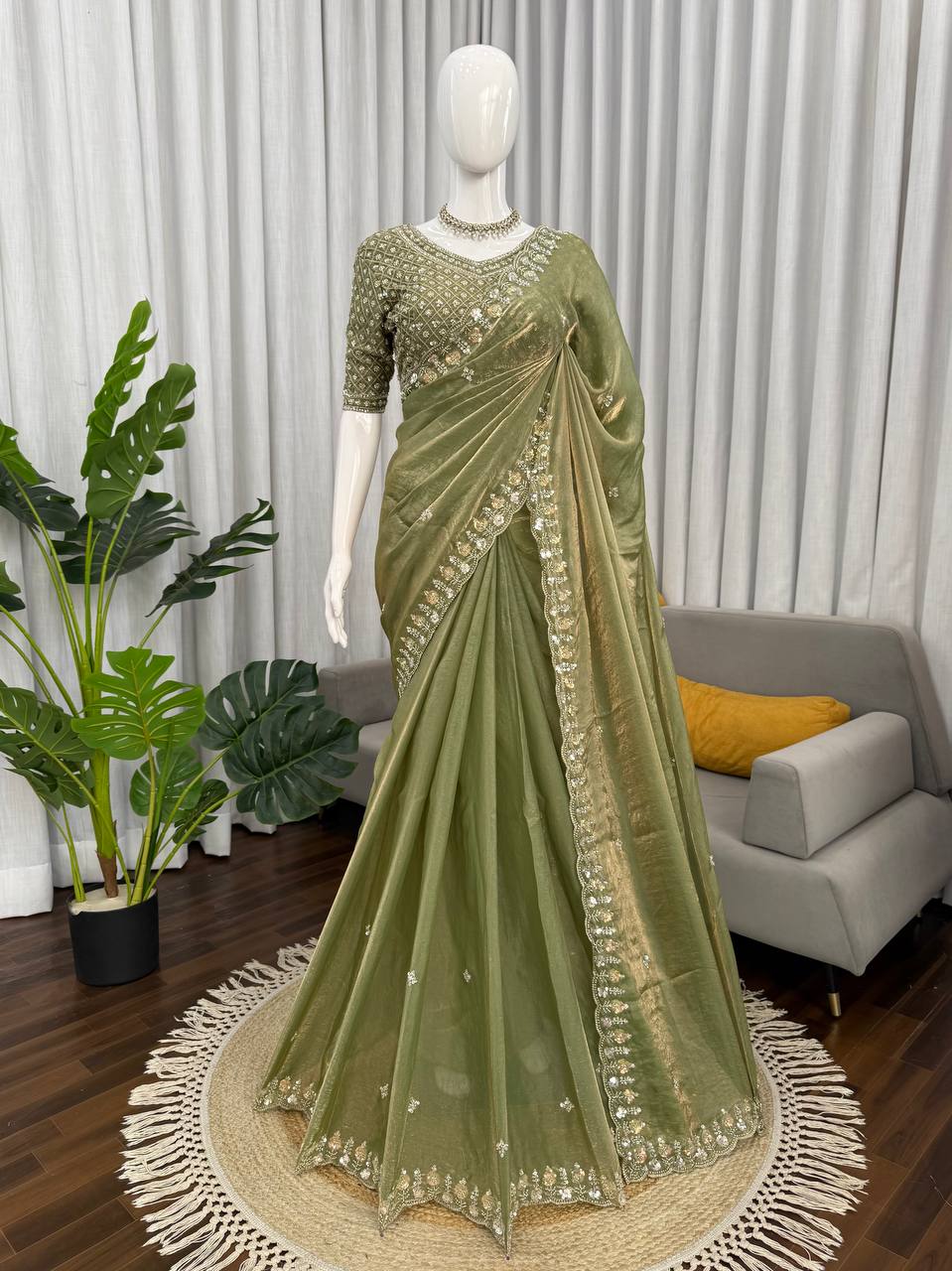 Beautifull Fendy Silk With Thread & Sequience Work Saree