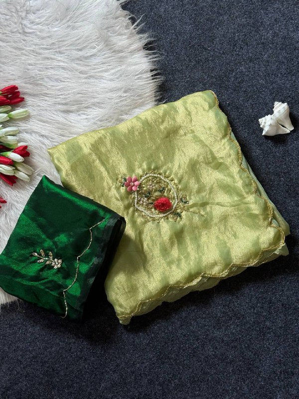 Beautiful Fandy Satin Saree With Handwork Butta And Cutdana Work