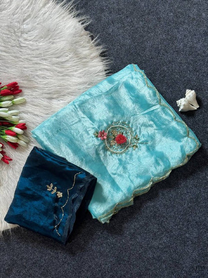 Beautiful Fandy Satin Saree With Handwork Butta And Cutdana Work