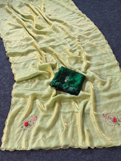 Beautiful Fandy Satin Saree With Handwork Butta And Cutdana Work
