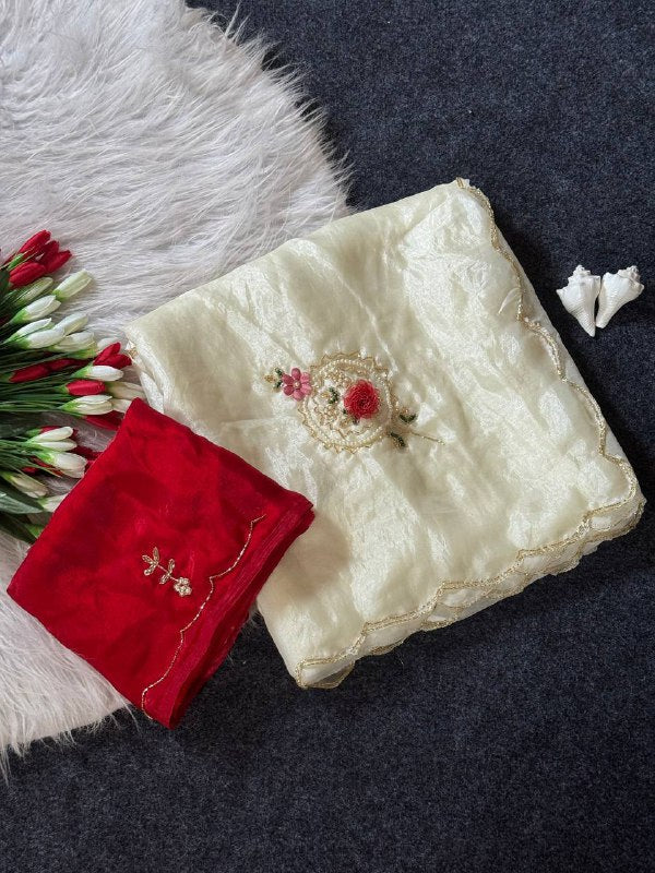 Beautiful Fandy Satin Saree With Handwork Butta And Cutdana Work