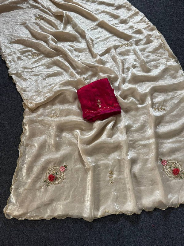 Beautiful Fandy Satin Saree With Handwork Butta And Cutdana Work