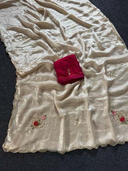 Beautiful Fandy Satin Saree With Handwork Butta And Cutdana Work