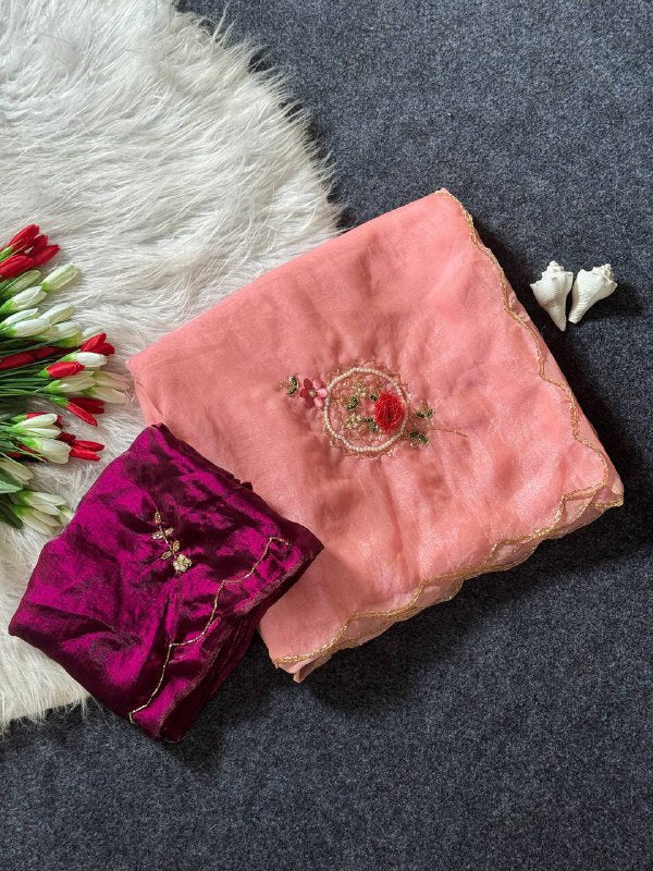 Beautiful Fandy Satin Saree With Handwork Butta And Cutdana Work