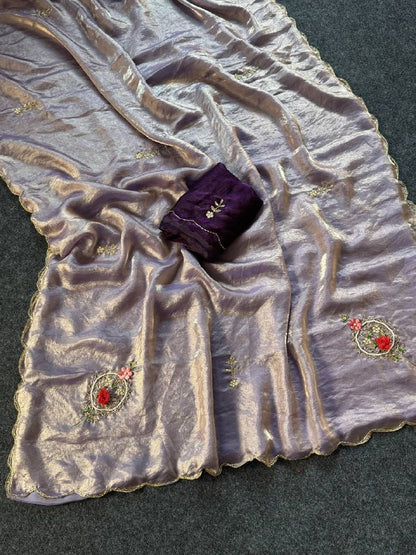 Beautiful Fandy Satin Saree With Handwork Butta And Cutdana Work