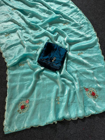 Beautiful Fandy Satin Saree With Handwork Butta And Cutdana Work