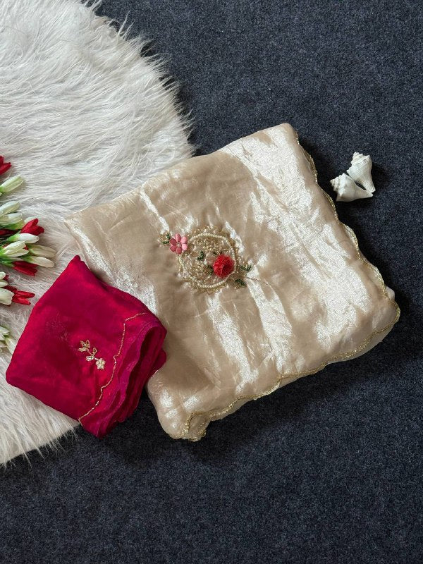 Beautiful Fandy Satin Saree With Handwork Butta And Cutdana Work