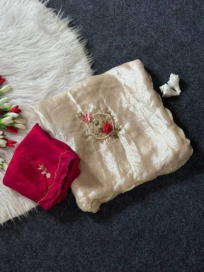 Beautiful Fandy Satin Saree With Handwork Butta And Cutdana Work
