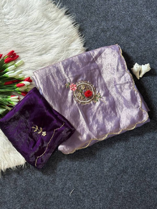 Beautiful Fandy Satin Saree With Handwork Butta And Cutdana Work
