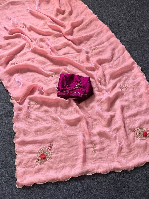 Beautiful Fandy Satin Saree With Handwork Butta And Cutdana Work