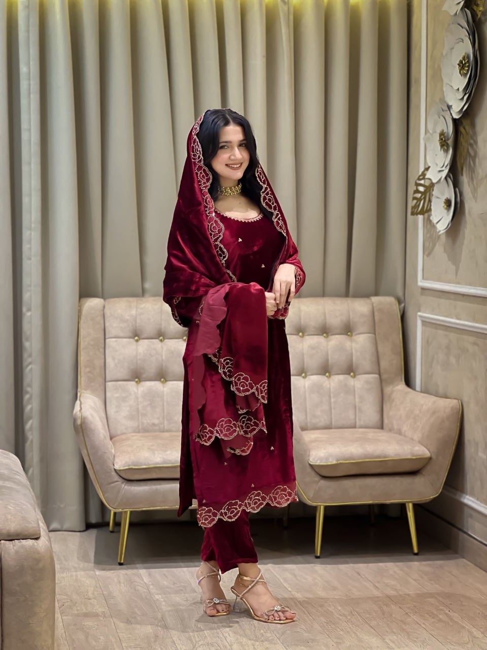Beautifull Heavy Viscose Velvet With Rhinestones Work Top Pent