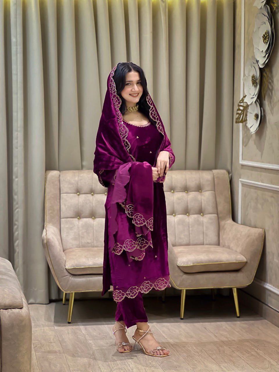 Beautifull Heavy Viscose Velvet With Rhinestones Work Top Pent