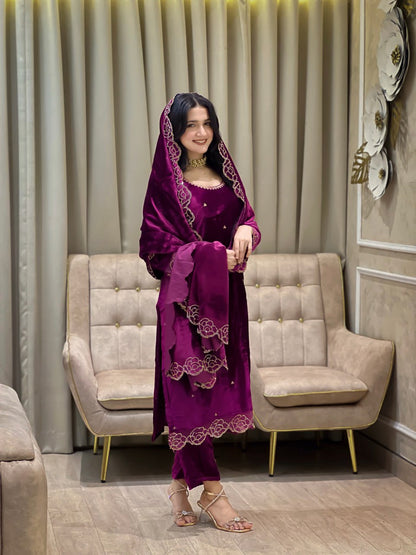 Beautifull Heavy Viscose Velvet With Rhinestones Work Top Pent