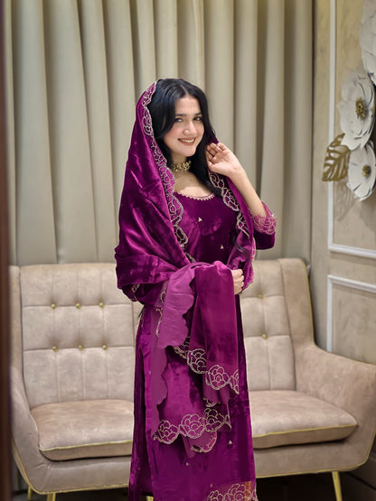 Beautifull Heavy Viscose Velvet With Rhinestones Work Top Pent