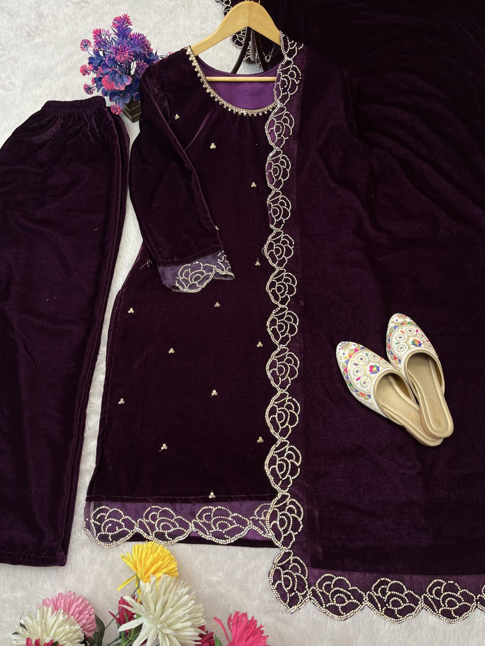 Beautifull Heavy Viscose Velvet With Rhinestones Work Top Pent