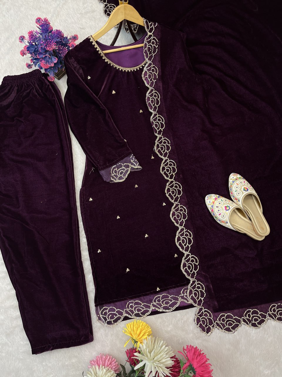 Beautifull Heavy Viscose Velvet With Rhinestones Work Top Pent