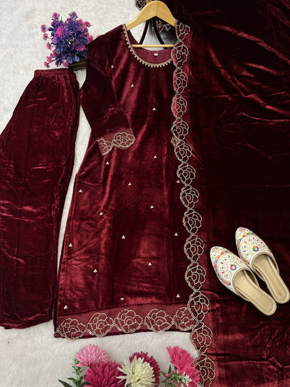 Beautifull Heavy Viscose Velvet With Rhinestones Work Top Pent